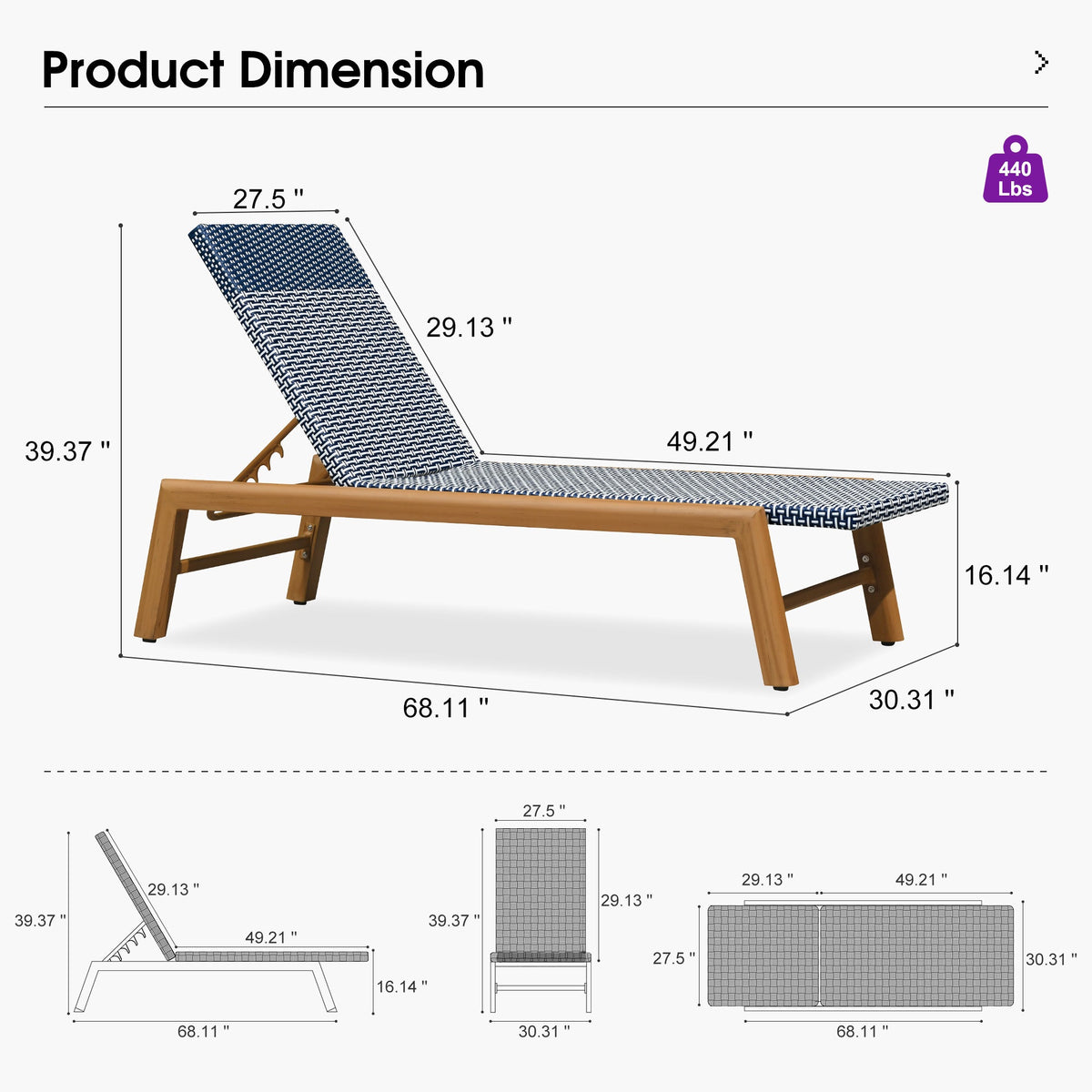 PURPLE LEAF Pool Oversized Lounge Chairs Rattan Aluminium Patio Chaise Lounge Outdoor Adjustable Recliner Finish Loungers Woven PE Sun Chairs for Poolside Deck Beach