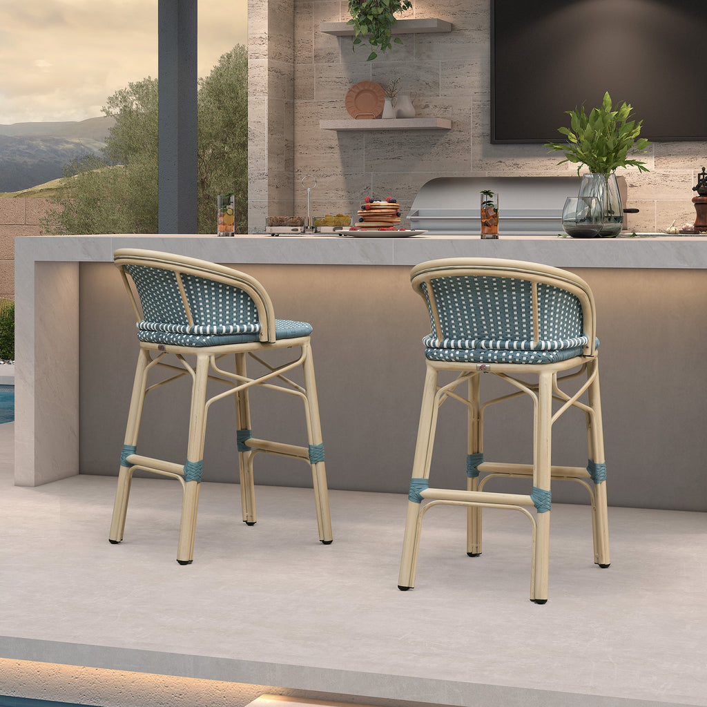 PURPLE LEAF Outdoor Bar Stools Set of 2 Rattan Patio Tall Bar Chairs Aluminum Frame with Back Barstools for Kitchen Garden Backyard Bistros Restaurant