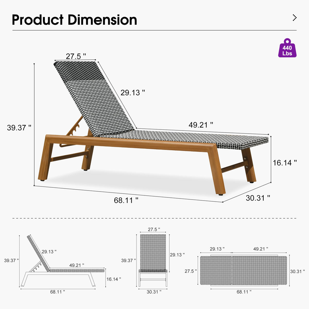 PURPLE LEAF Pool Oversized Lounge Chairs Rattan Aluminium Patio Chaise Lounge Outdoor Adjustable Recliner Finish Loungers Woven PE Sun Chairs for Poolside Deck Beach