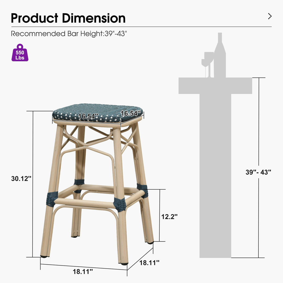 PURPLE LEAF Outdoor Bar Stools Set of 2 Rattan Patio Tall Bar Chairs Aluminum Frame with Back Barstools for Kitchen Garden Backyard Bistros Restaurant