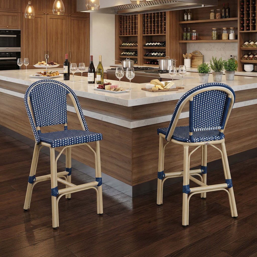 PURPLE LEAF Patio French Counter Stool Set of 2 Outdoor Backrest Barstools Aluminum Frame Woven Rattan for Indoor Kitchen Garden Balcony Restaurant