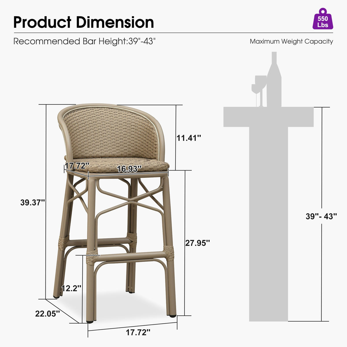 PURPLE LEAF Outdoor Bar Stools Set of 2 Rattan Patio Tall Bar Chairs Aluminum Frame with Back Barstools for Kitchen Garden Backyard Bistros Restaurant