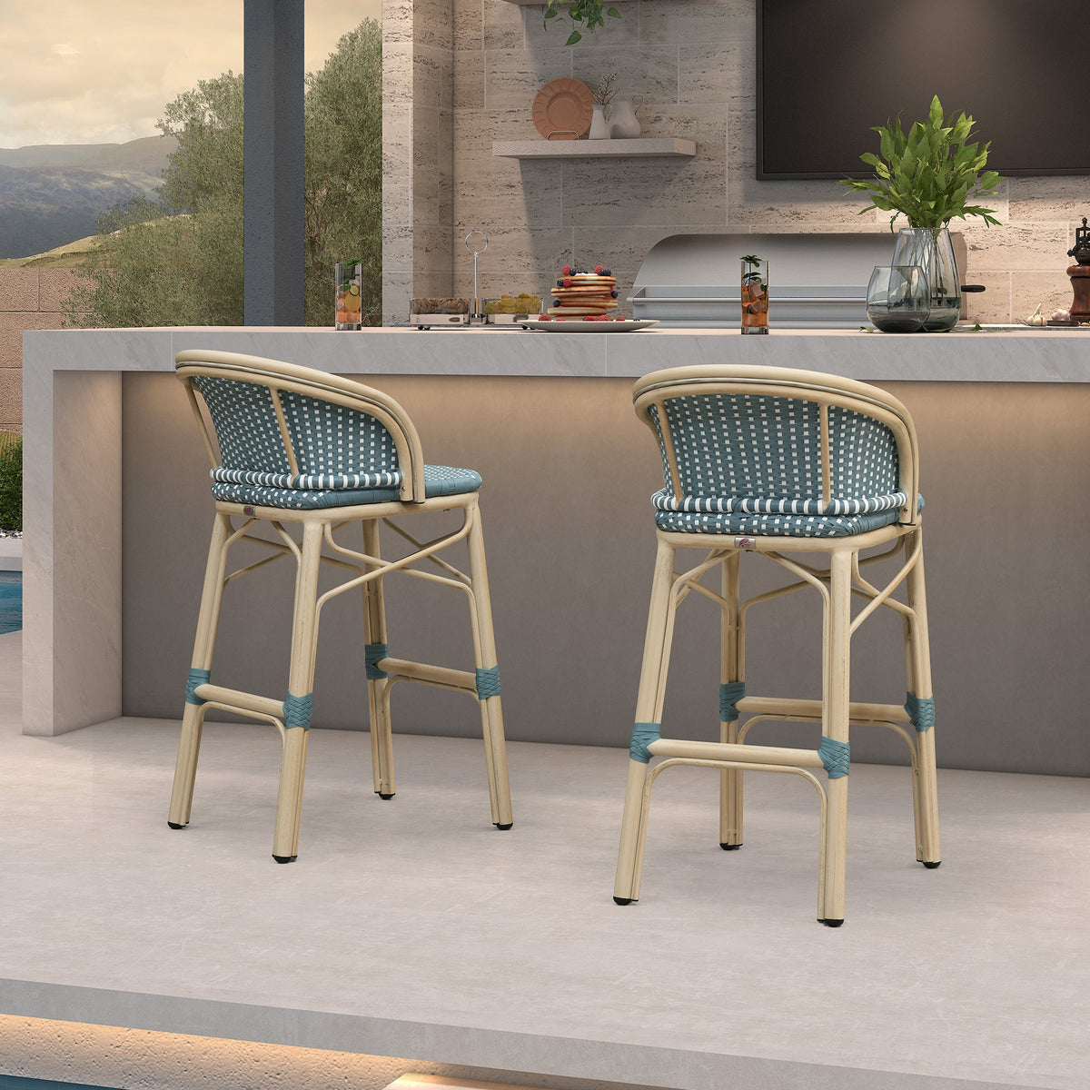 PURPLE LEAF Outdoor Bar Stools Set of 2 Rattan Patio Tall Bar Chairs Aluminum Frame with Back Barstools for Kitchen Garden Backyard Bistros Restaurant