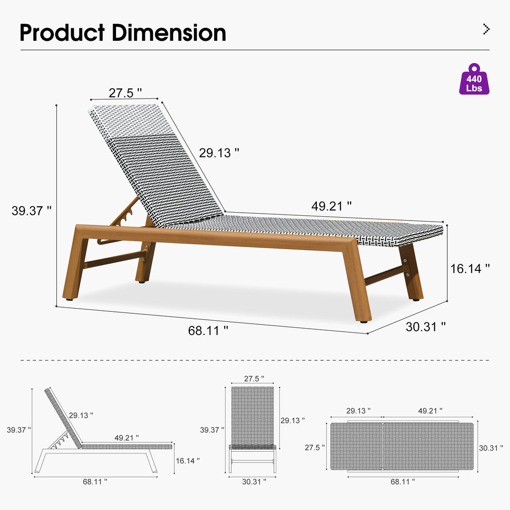 PURPLE LEAF Pool Oversized Lounge Chairs Rattan Aluminium Patio Chaise Lounge Outdoor Adjustable Recliner Finish Loungers Woven PE Sun Chairs for Poolside Deck Beach