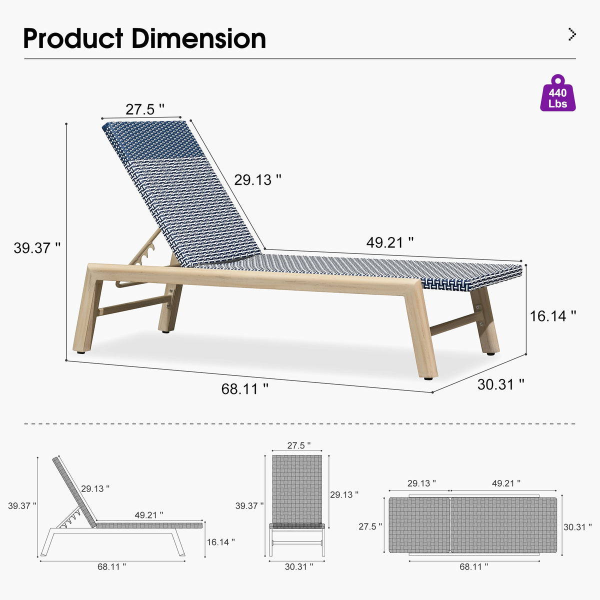 PURPLE LEAF Pool Oversized Lounge Chairs Rattan Aluminium Patio Chaise Lounge Outdoor Adjustable Recliner Finish Loungers Woven PE Sun Chairs for Poolside Deck Beach