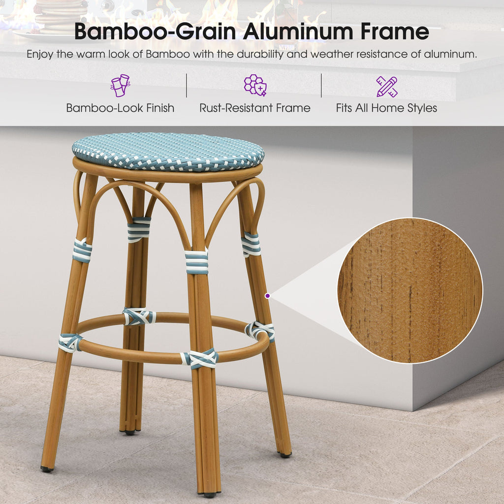 PURPLE LEAF Patio French Round Counter Stool Set of 2 Rattan Backless Stackable Barstools Aluminum Frame Footrest with Woven Wicker for Outdoor Kitchen Yard