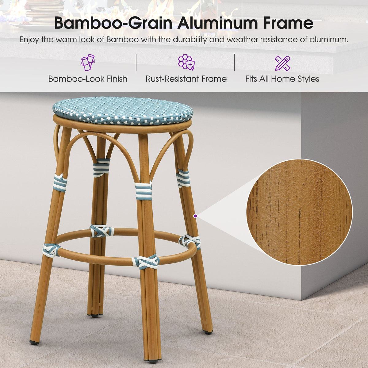 PURPLE LEAF Patio French Round Counter Stool Set of 2 Rattan Backless Stackable Barstools Aluminum Frame Footrest with Woven Wicker for Outdoor Kitchen Yard