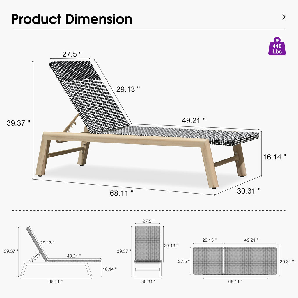 PURPLE LEAF Pool Oversized Lounge Chairs Rattan Aluminium Patio Chaise Lounge Outdoor Adjustable Recliner Finish Loungers Woven PE Sun Chairs for Poolside Deck Beach