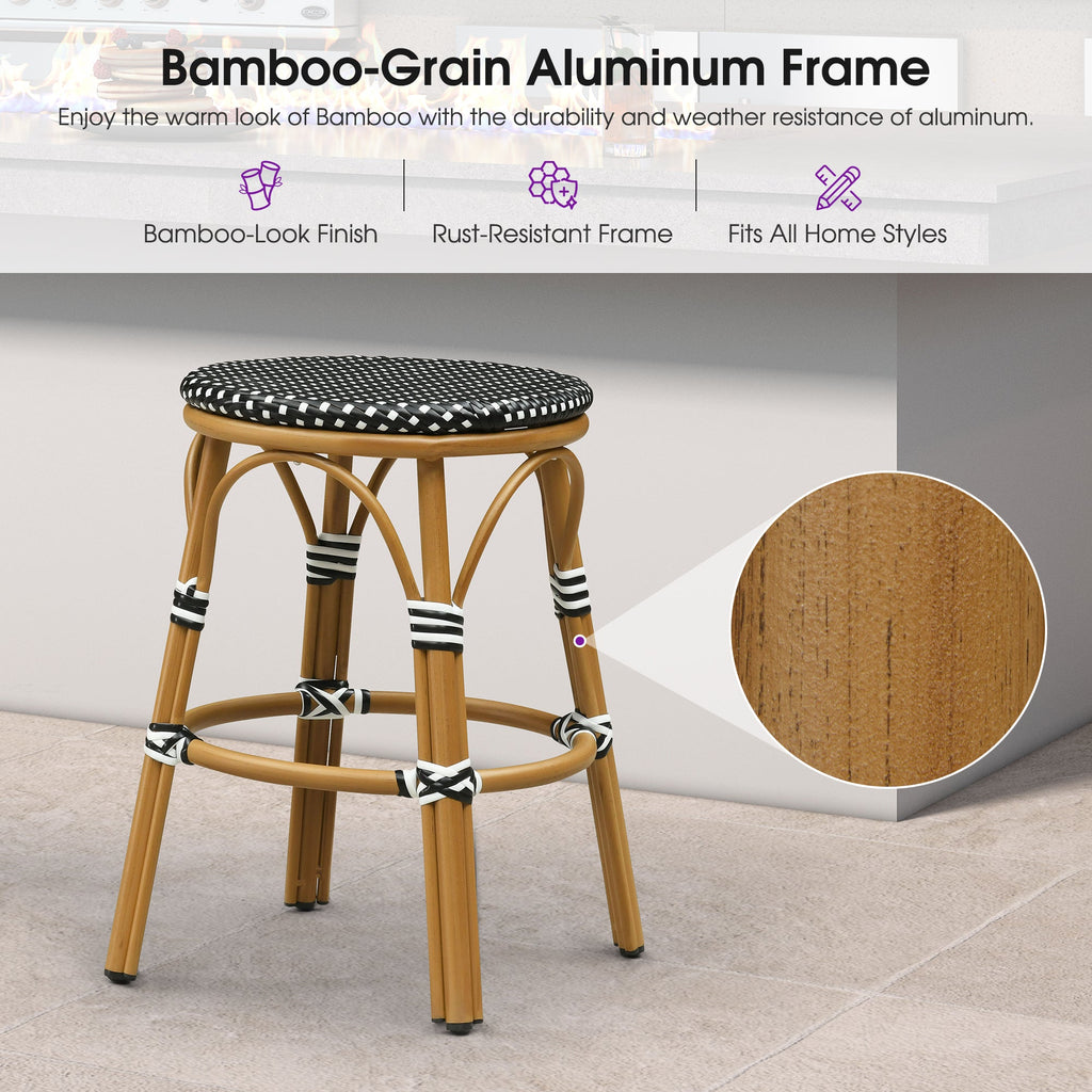 PURPLE LEAF Patio French Round Counter Stool Set of 2 Rattan Backless Stackable Barstools Aluminum Frame Footrest with Woven Wicker for Outdoor Kitchen Yard