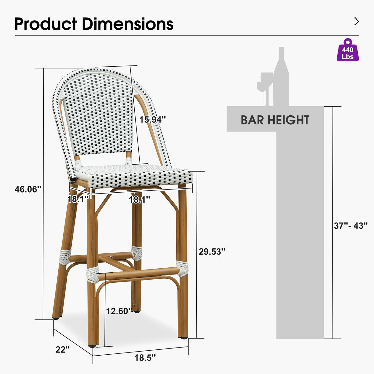 PURPLE LEAF Patio French Counter Stool Set of 2 Outdoor Backrest Barstools Aluminum Frame Woven Rattan for Indoor Kitchen Garden Balcony Restaurant