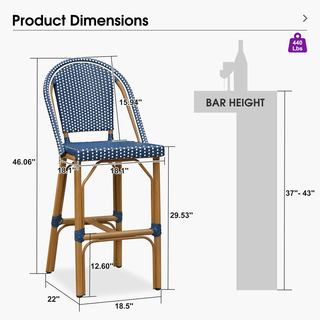 PURPLE LEAF Patio French Counter Stool Set of 2 Outdoor Backrest Barstools Aluminum Frame Woven Rattan for Indoor Kitchen Garden Balcony Restaurant