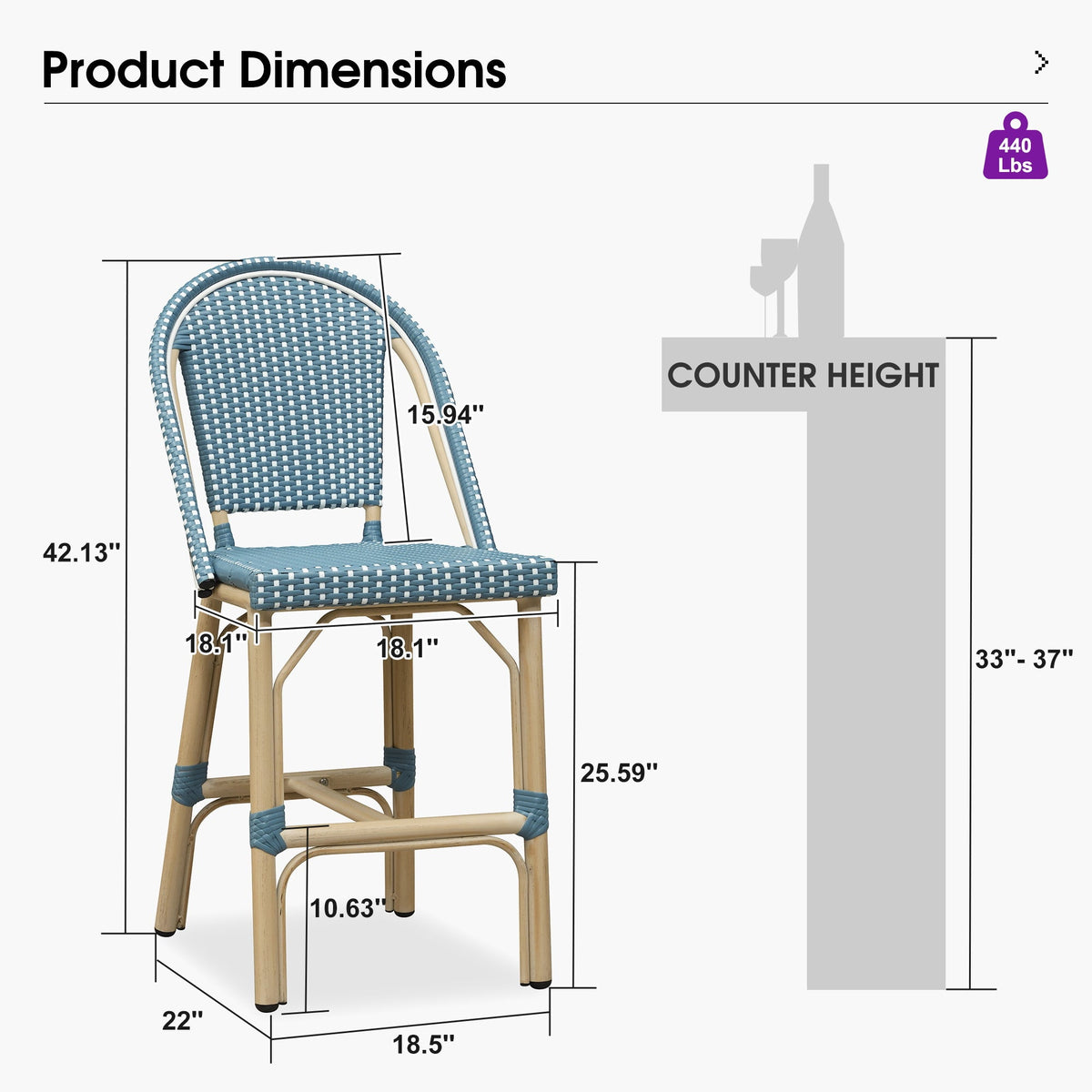 PURPLE LEAF Patio French Counter Stool Set of 2 Outdoor Backrest Barstools Aluminum Frame Woven Rattan for Indoor Kitchen Garden Balcony Restaurant