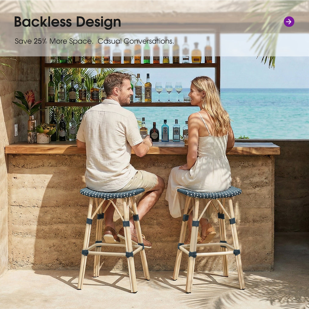 PURPLE LEAF Outdoor Bar Stools Set of 2 Backless Rattan Barstools with Saddle Seat and Footrest All Weather Aluminum Bar Chairs for Patio Kitchen Island Pool Balcony