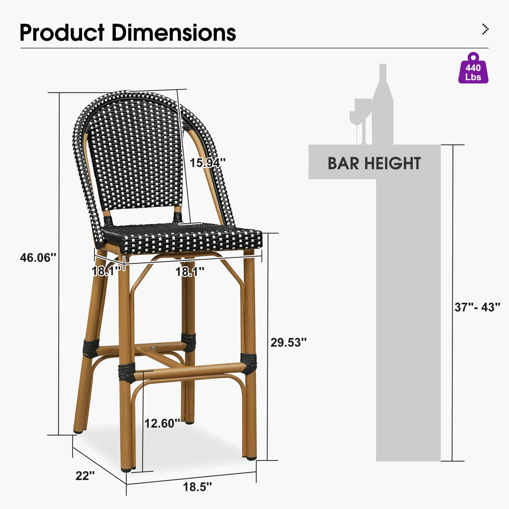 PURPLE LEAF Patio French Counter Stool Set of 2 Outdoor Backrest Barstools Aluminum Frame Woven Rattan for Indoor Kitchen Garden Balcony Restaurant