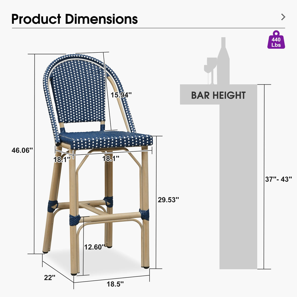 PURPLE LEAF Patio French Counter Stool Set of 2 Outdoor Backrest Barstools Aluminum Frame Woven Rattan for Indoor Kitchen Garden Balcony Restaurant