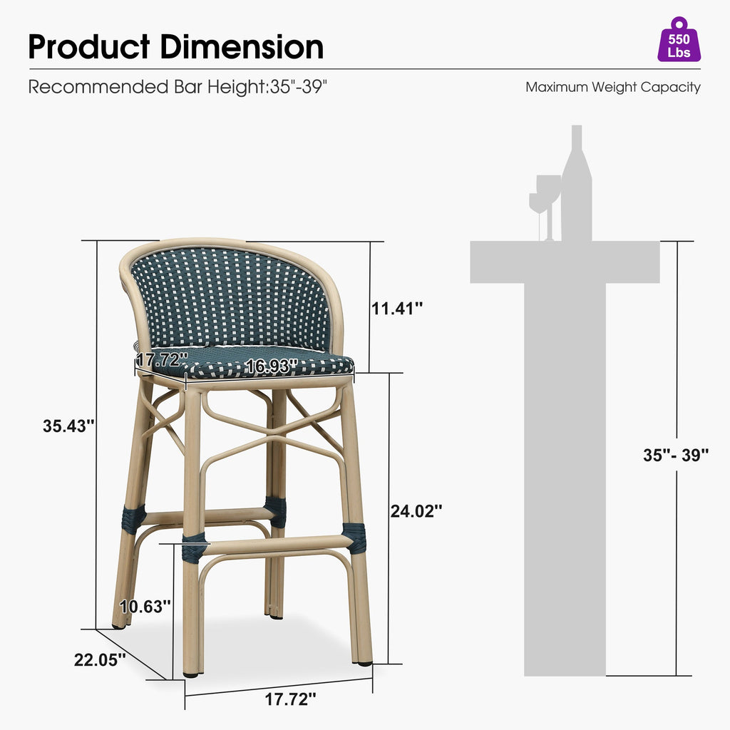 PURPLE LEAF Outdoor Bar Stools Set of 2 Rattan Patio Tall Bar Chairs Aluminum Frame with Back Barstools for Kitchen Garden Backyard Bistros Restaurant