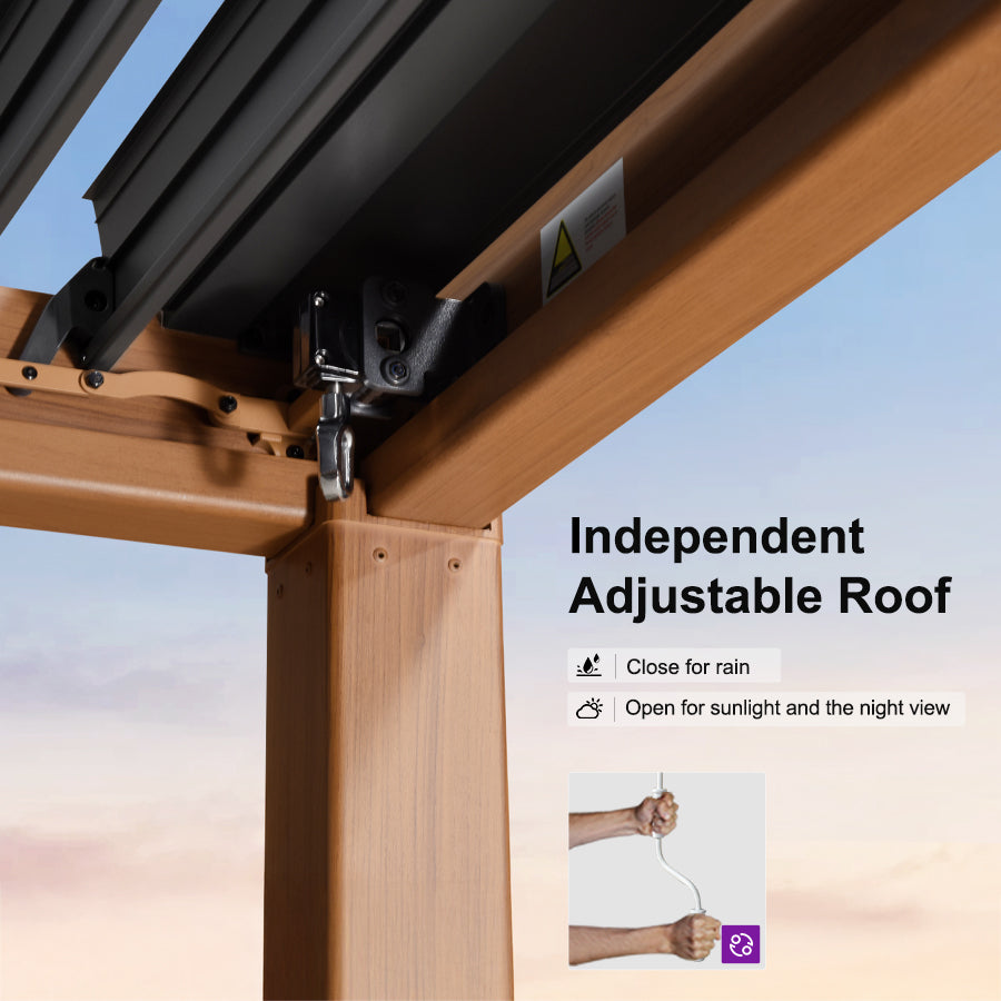 PURPLE LEAF Caesar Louvered Pergola Outdoor Wood Grain Frame Gray  Roof Aluminum Pergola with Adjustable Roof Patio Hardtop Gazebo for Backyard Garden