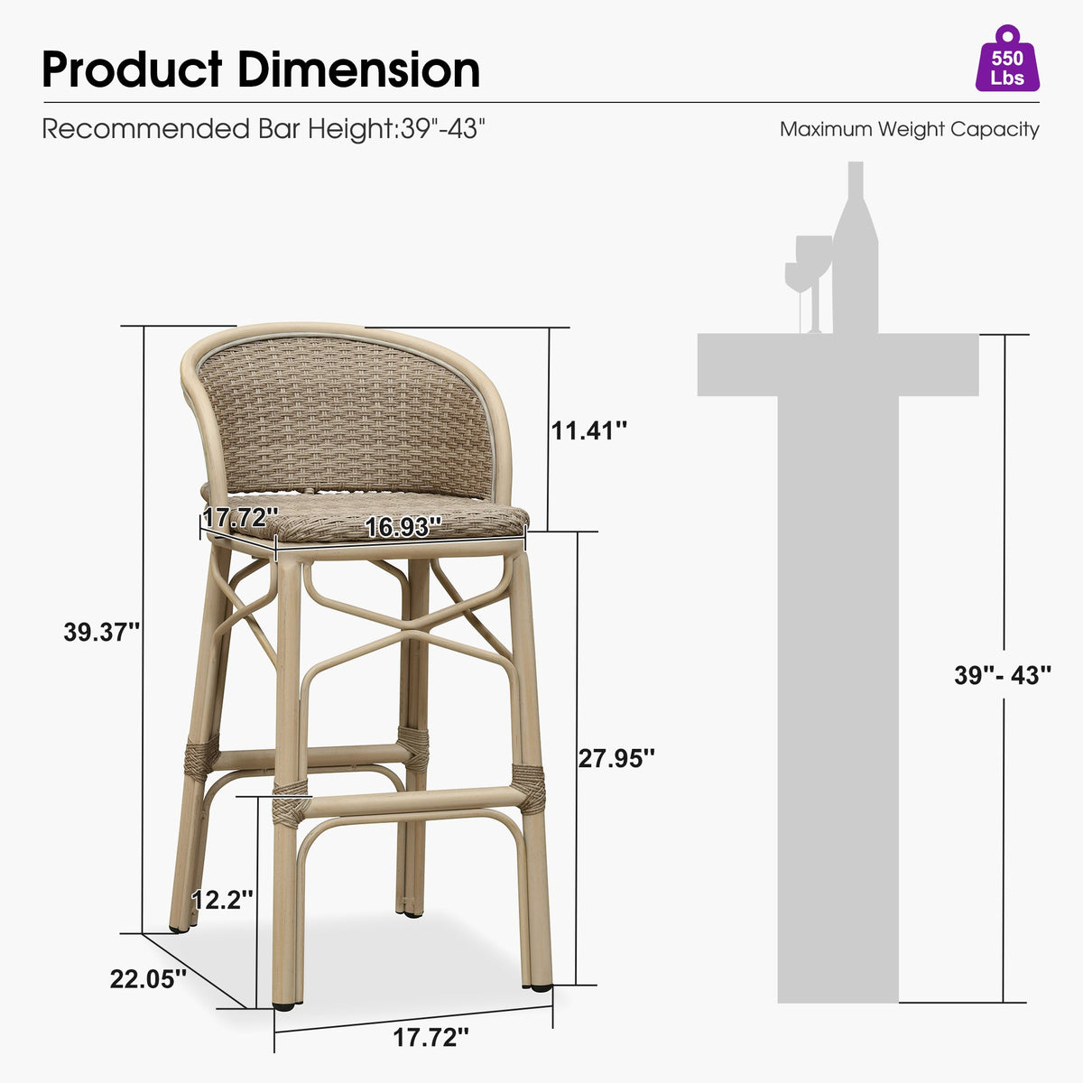 PURPLE LEAF Outdoor Bar Stools Set of 2 Rattan Patio Tall Bar Chairs Aluminum Frame with Back Barstools for Kitchen Garden Backyard Bistros Restaurant