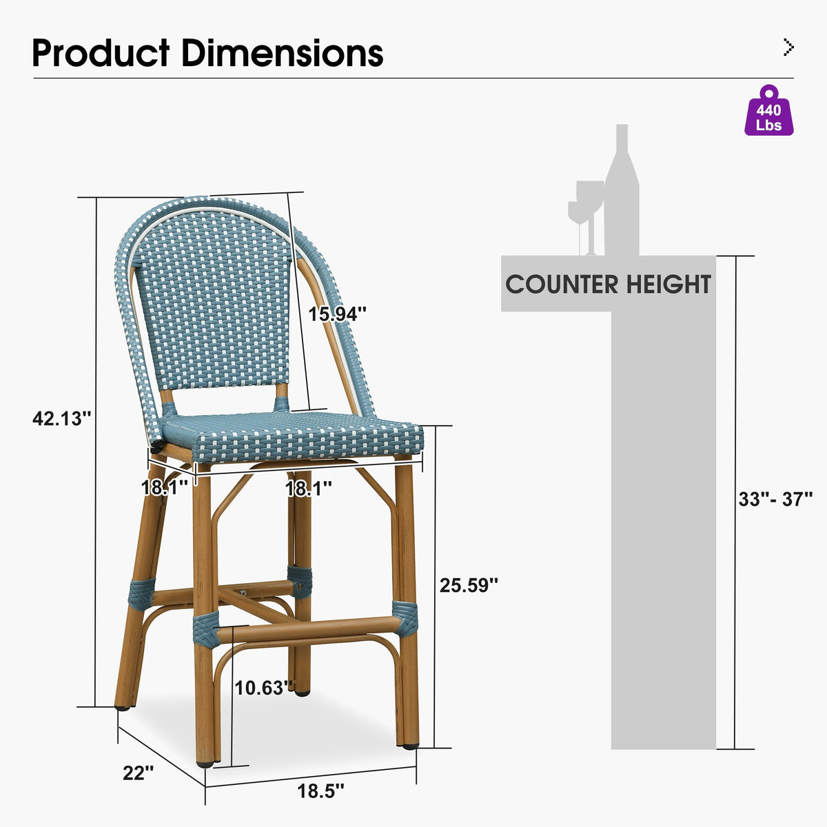 PURPLE LEAF Patio French Counter Stool Set of 2 Outdoor Backrest Barstools Aluminum Frame Woven Rattan for Indoor Kitchen Garden Balcony Restaurant