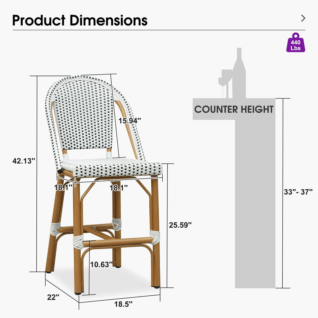 PURPLE LEAF Patio French Counter Stool Set of 2 Outdoor Backrest Barstools Aluminum Frame Woven Rattan for Indoor Kitchen Garden Balcony Restaurant
