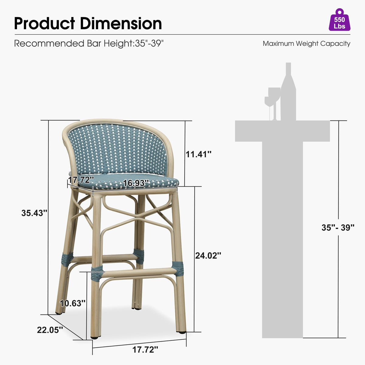 PURPLE LEAF Outdoor Bar Stools Set of 2 Rattan Patio Tall Bar Chairs Aluminum Frame with Back Barstools for Kitchen Garden Backyard Bistros Restaurant