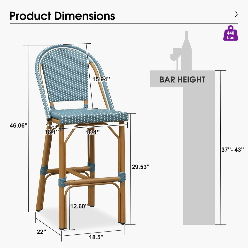 PURPLE LEAF Patio French Counter Stool Set of 2 Outdoor Backrest Barstools Aluminum Frame Woven Rattan for Indoor Kitchen Garden Balcony Restaurant