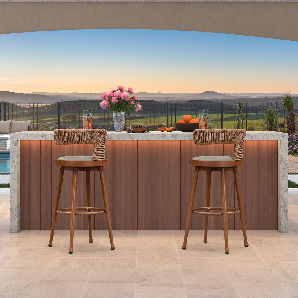 PURPLE LEAF Outdoor Swivel Bar Stools Set of 2 Metal Modern Rattan Bar Chairs with Backrest Aluminum Woven Barstools with Cushions
