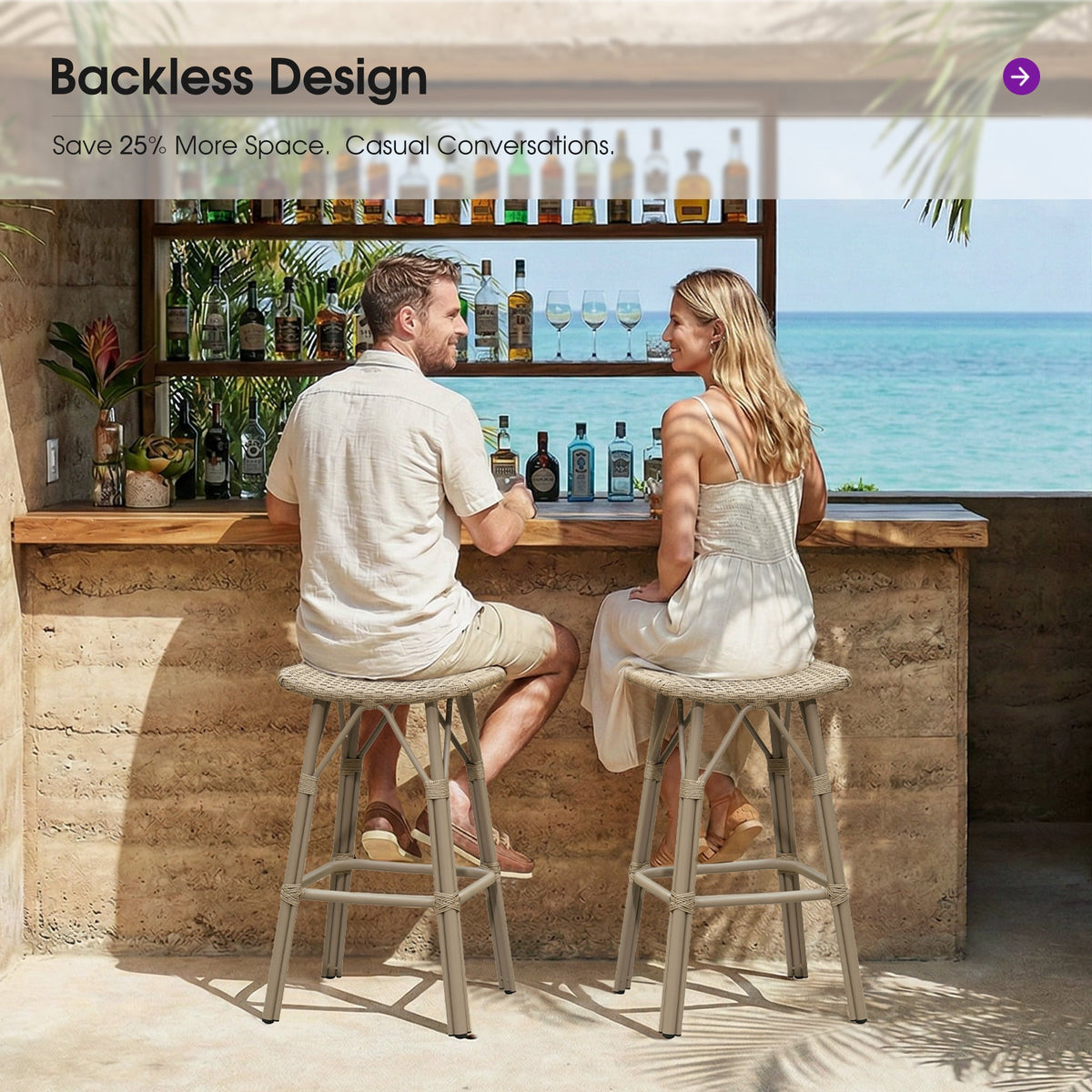 PURPLE LEAF Outdoor Bar Stools Set of 2 Backless Rattan Barstools with Saddle Seat and Footrest All Weather Aluminum Bar Chairs for Patio Kitchen Island Pool Balcony