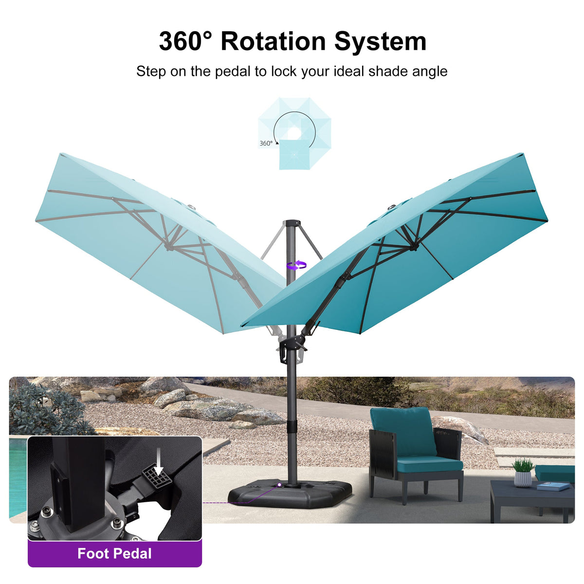 PURPLE LEAF Lateral Tilt Patio Umbrella with Base, 360° Swivel Cantilever Umbrella with Stand