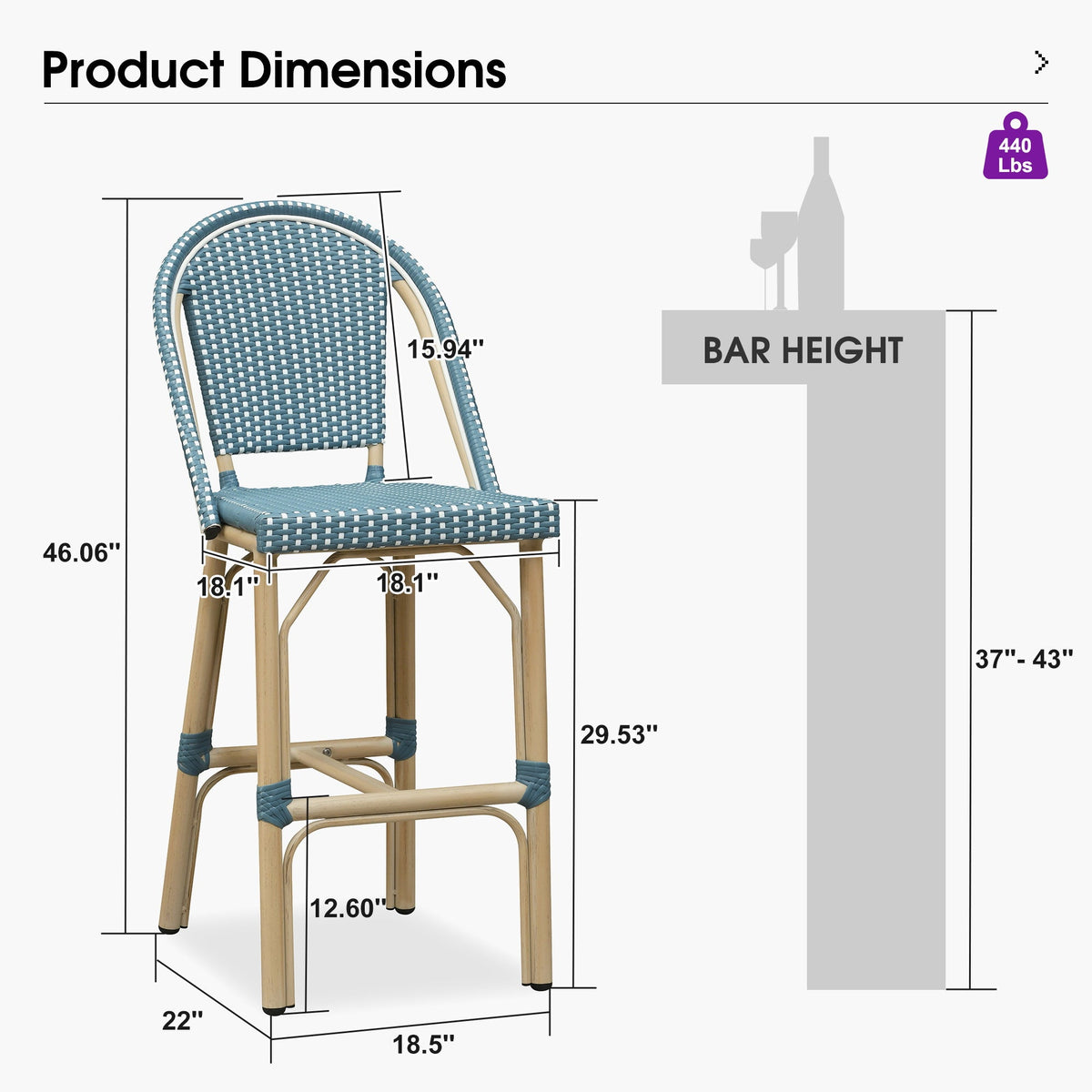 PURPLE LEAF Patio French Counter Stool Set of 2 Outdoor Backrest Barstools Aluminum Frame Woven Rattan for Indoor Kitchen Garden Balcony Restaurant