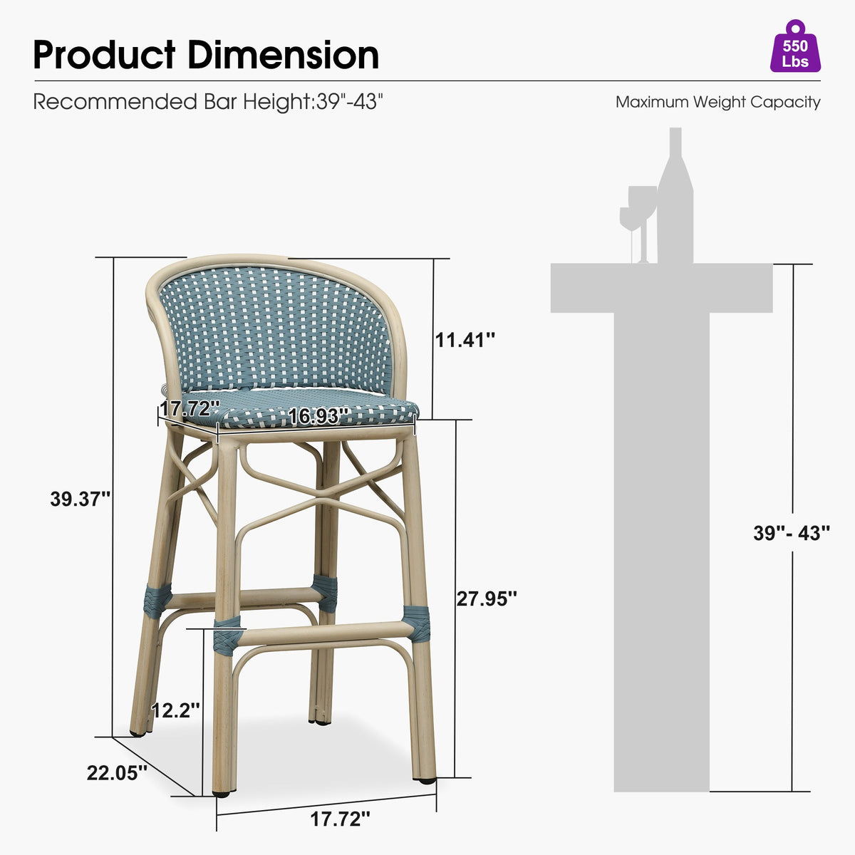 PURPLE LEAF Outdoor Bar Stools Set of 2 Rattan Patio Tall Bar Chairs Aluminum Frame with Back Barstools for Kitchen Garden Backyard Bistros Restaurant