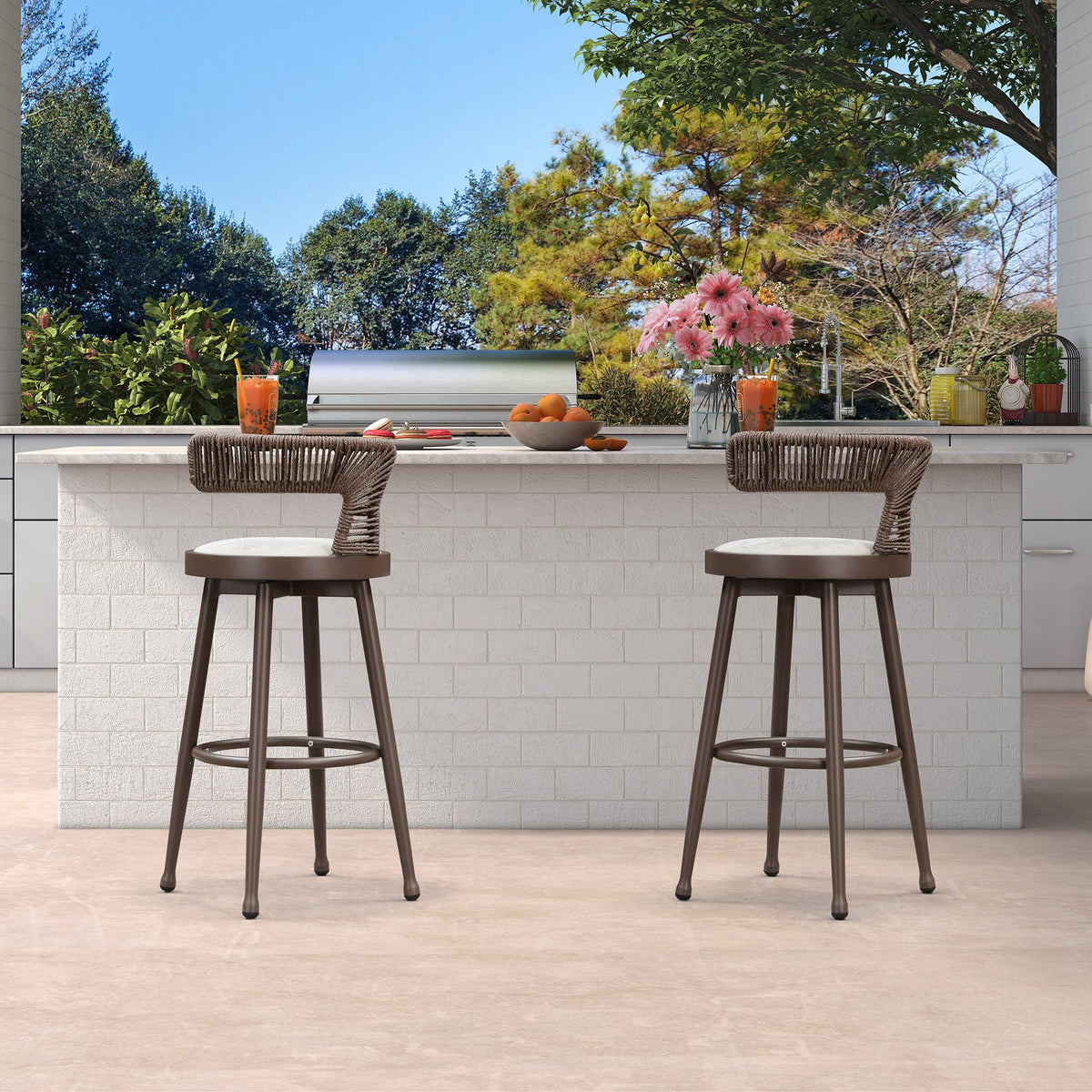 PURPLE LEAF Outdoor Swivel Bar Stools Set of 2 Metal Modern Rattan Bar Chairs with Backrest Aluminum Woven Barstools with Cushions