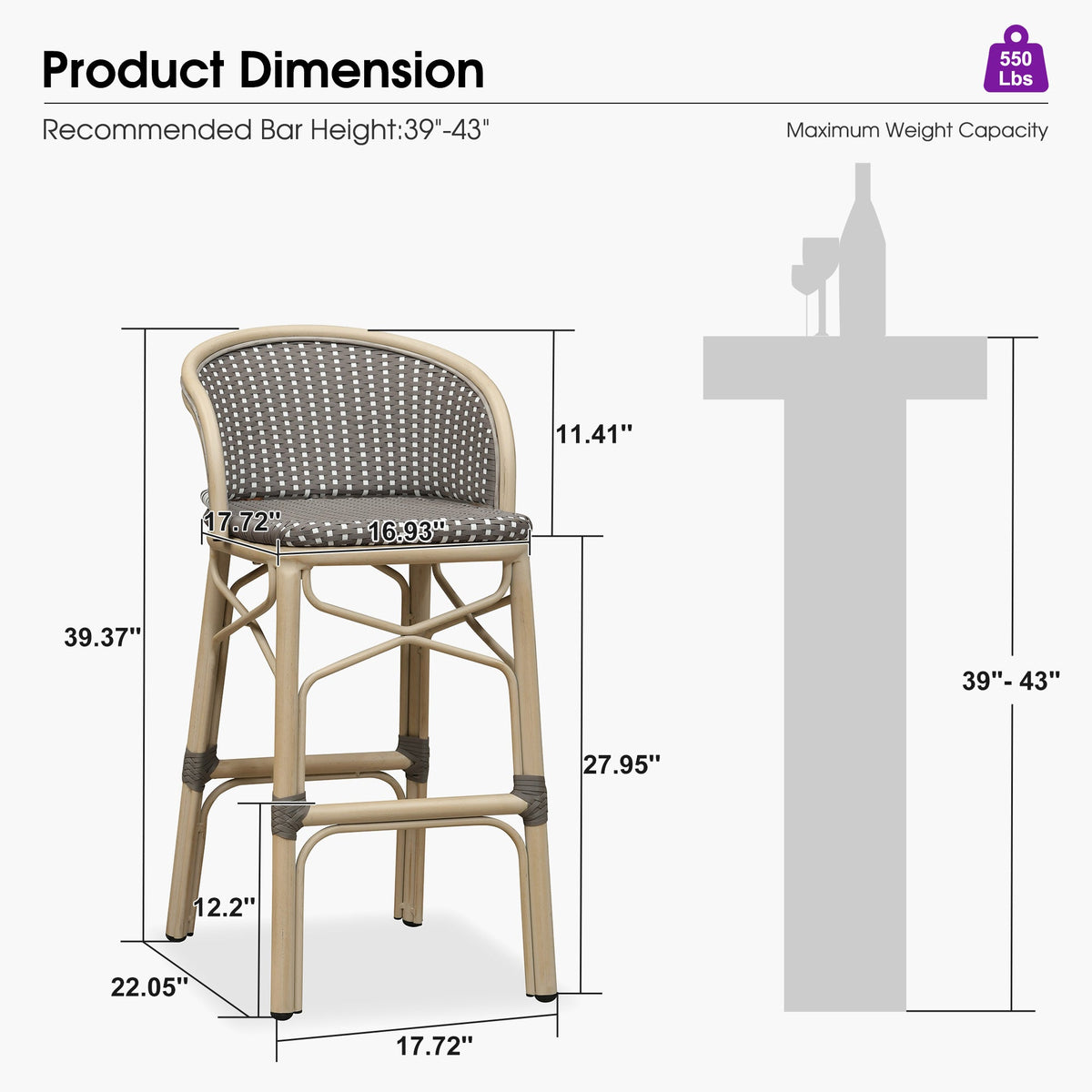 PURPLE LEAF Outdoor Bar Stools Set of 2 Rattan Patio Tall Bar Chairs Aluminum Frame with Back Barstools for Kitchen Garden Backyard Bistros Restaurant