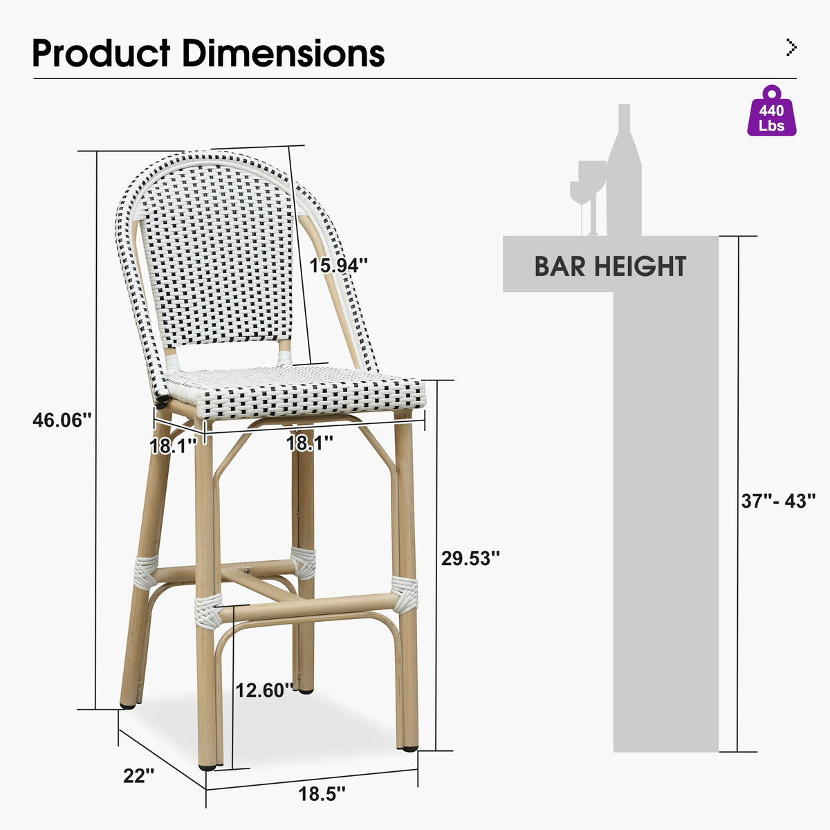 PURPLE LEAF Patio French Counter Stool Set of 2 Outdoor Backrest Barstools Aluminum Frame Woven Rattan for Indoor Kitchen Garden Balcony Restaurant
