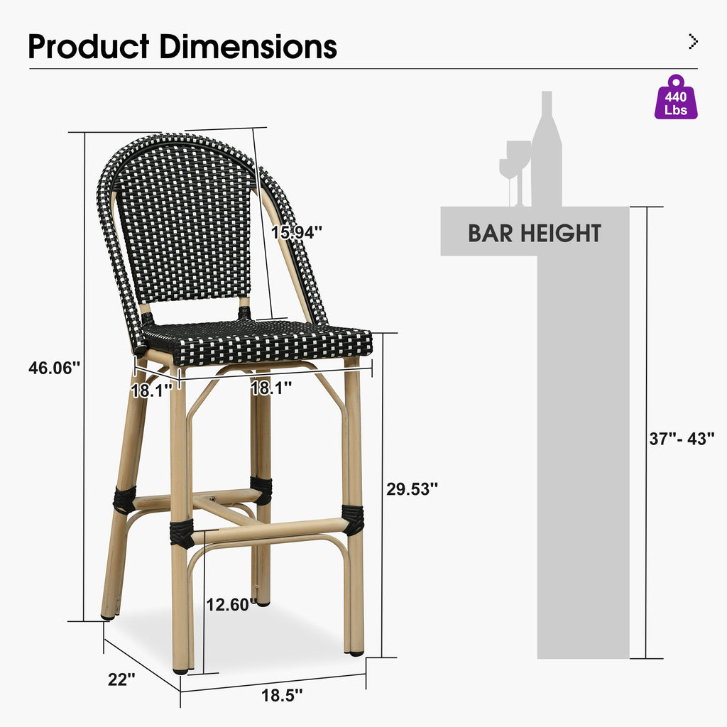 PURPLE LEAF Patio French Counter Stool Set of 2 Outdoor Backrest Barstools Aluminum Frame Woven Rattan for Indoor Kitchen Garden Balcony Restaurant