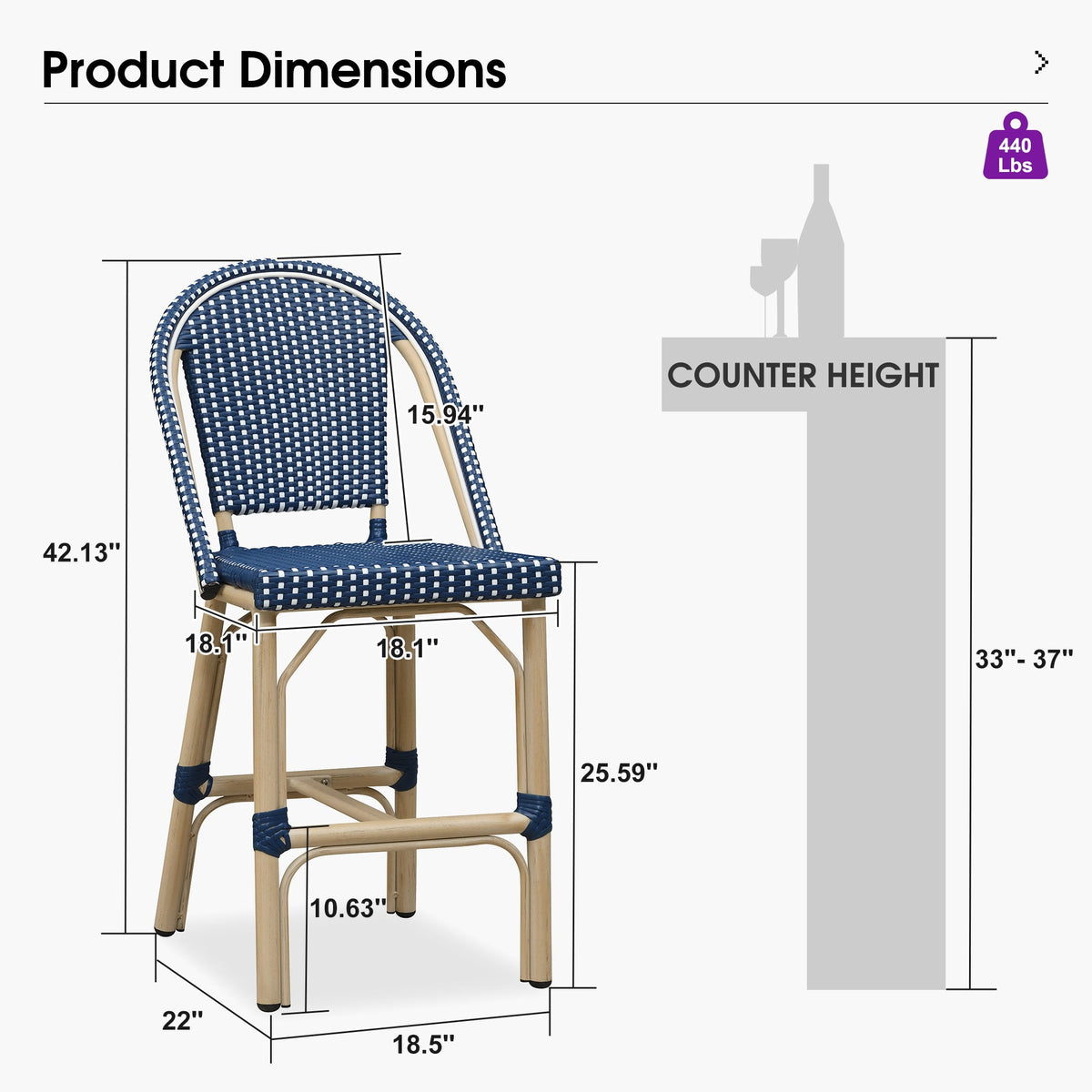 PURPLE LEAF Patio French Counter Stool Set of 2 Outdoor Backrest Barstools Aluminum Frame Woven Rattan for Indoor Kitchen Garden Balcony Restaurant