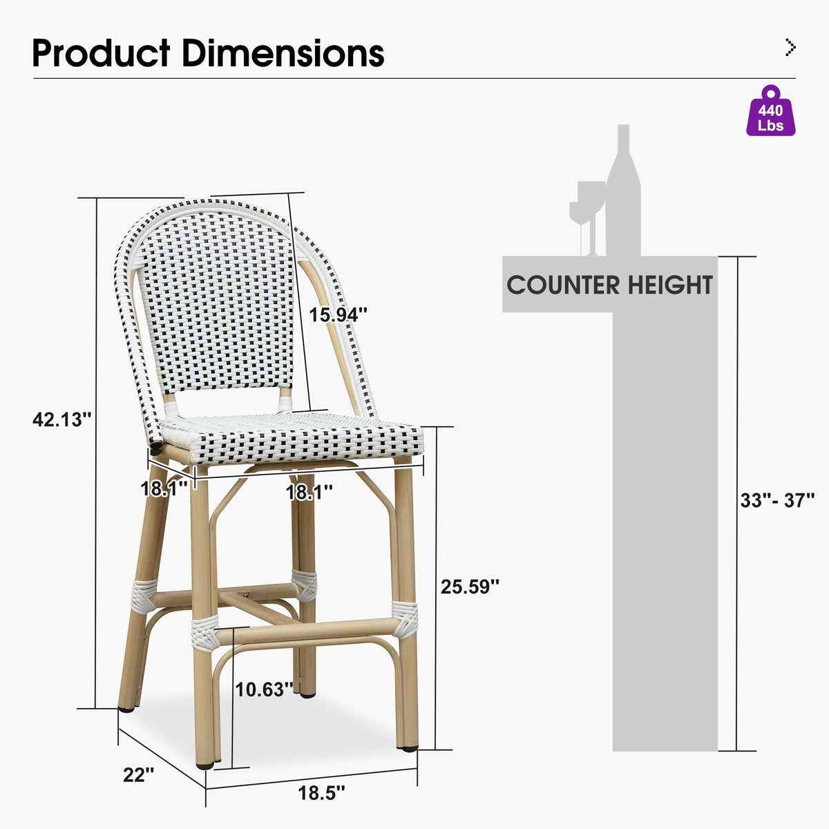 PURPLE LEAF Patio French Counter Stool Set of 2 Outdoor Backrest Barstools Aluminum Frame Woven Rattan for Indoor Kitchen Garden Balcony Restaurant