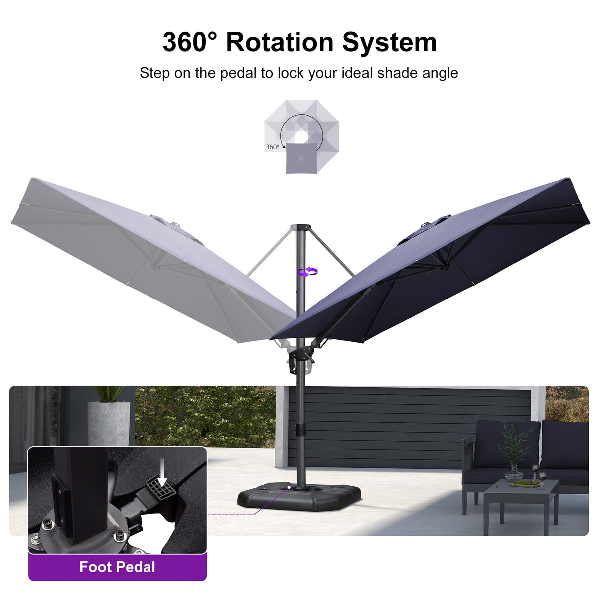 PURPLE LEAF Lateral Tilt Patio Umbrella with Base, 360° Swivel Cantilever Umbrella with Stand