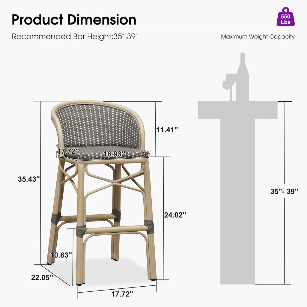 PURPLE LEAF Outdoor Bar Stools Set of 2 Rattan Patio Tall Bar Chairs Aluminum Frame with Back Barstools for Kitchen Garden Backyard Bistros Restaurant