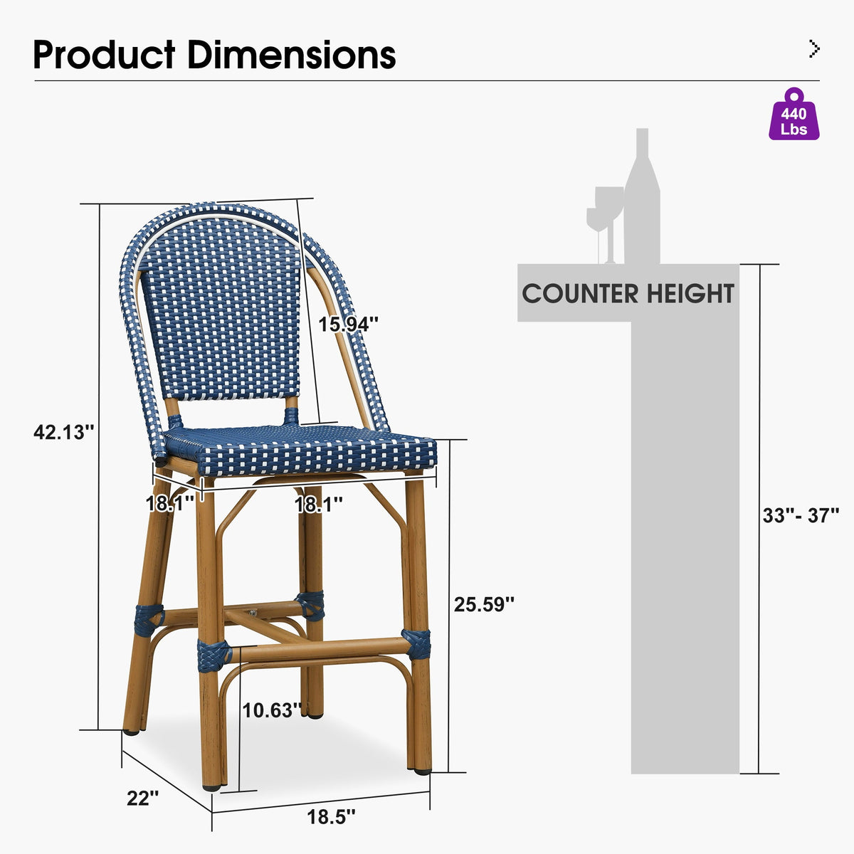PURPLE LEAF Patio French Counter Stool Set of 2 Outdoor Backrest Barstools Aluminum Frame Woven Rattan for Indoor Kitchen Garden Balcony Restaurant