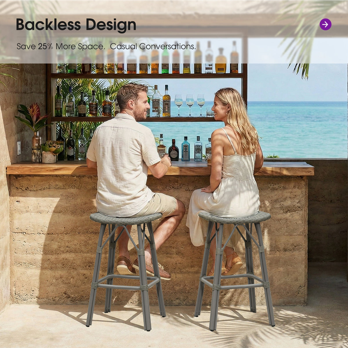PURPLE LEAF Outdoor Bar Stools Set of 2 Backless Rattan Barstools with Saddle Seat and Footrest All Weather Aluminum Bar Chairs for Patio Kitchen Island Pool Balcony