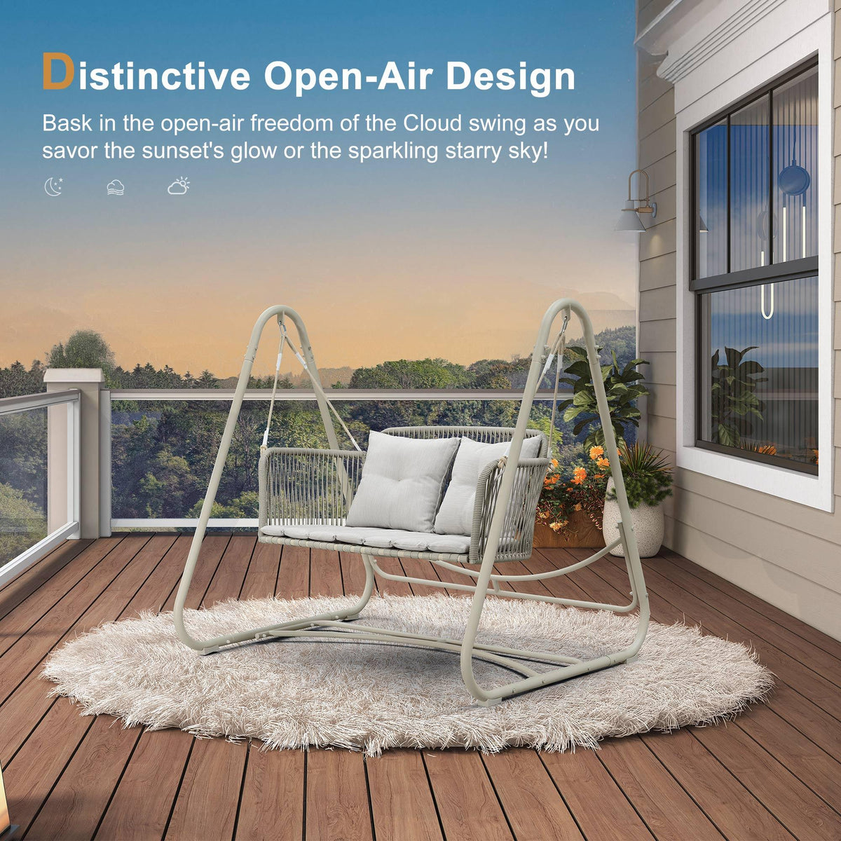 PURPLE LEAF Double Cloud Hanging Chair - Outdoor Patio Rattan Swing Chair with Cushion and Backrest.