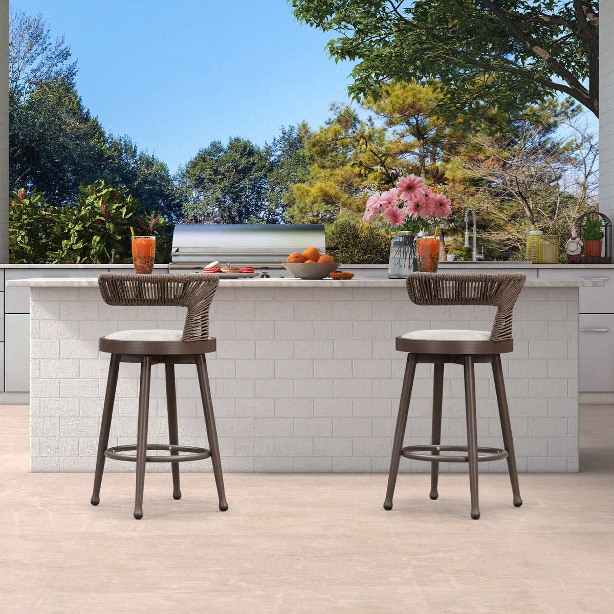 PURPLE LEAF Outdoor Swivel Bar Stools Set of 2 Metal Modern Rattan Bar Chairs with Backrest Aluminum Woven Barstools with Cushions