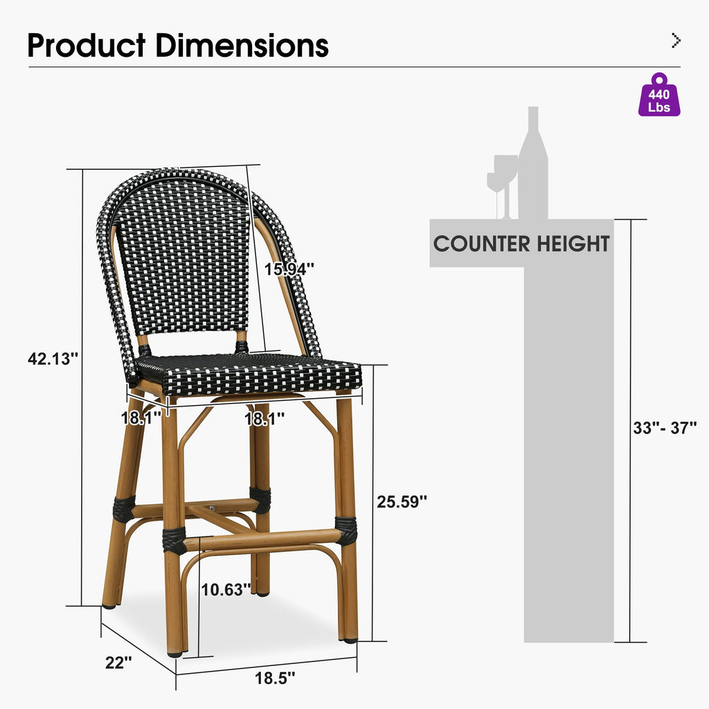 PURPLE LEAF Patio French Counter Stool Set of 2 Outdoor Backrest Barstools Aluminum Frame Woven Rattan for Indoor Kitchen Garden Balcony Restaurant