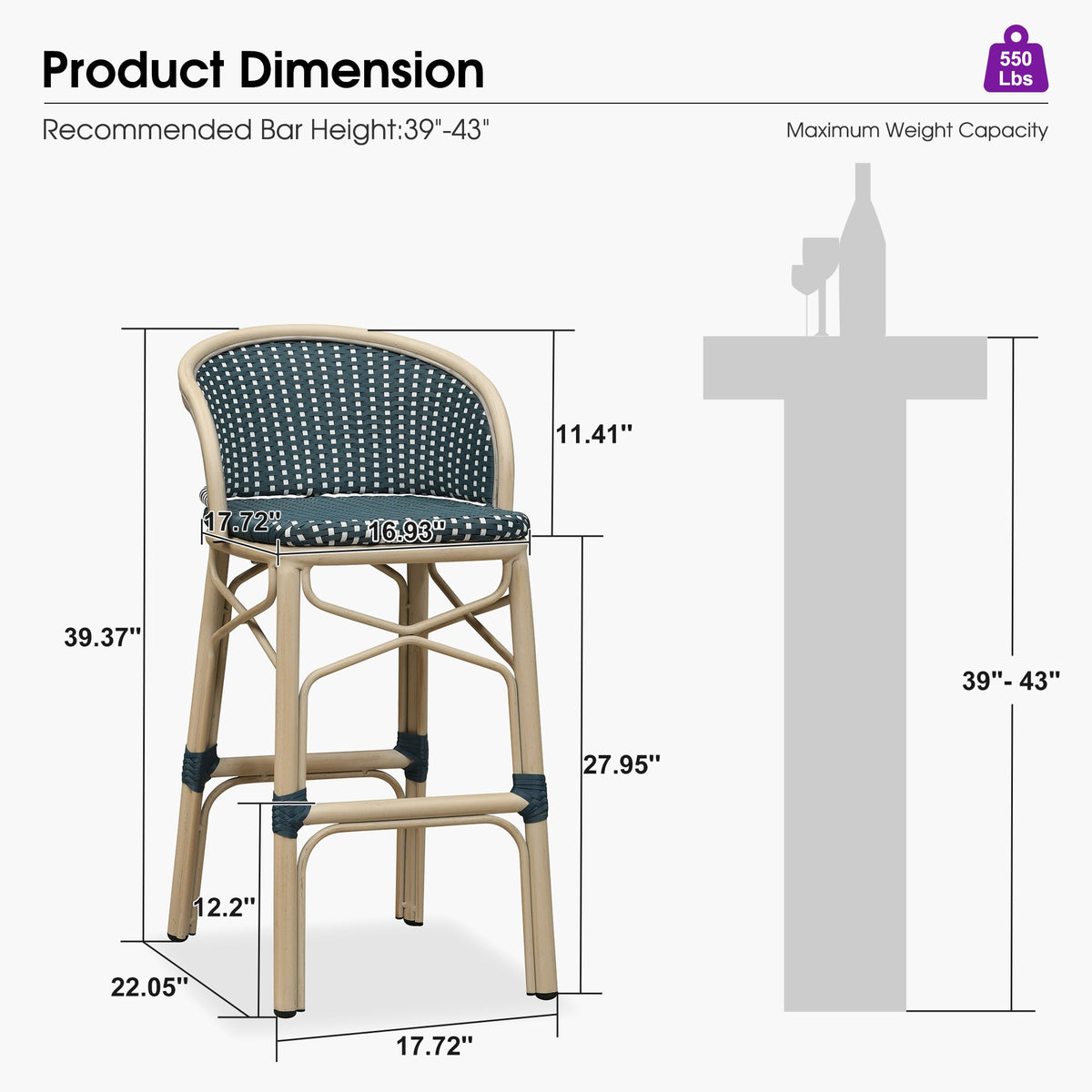 PURPLE LEAF Outdoor Bar Stools Set of 2 Rattan Patio Tall Bar Chairs Aluminum Frame with Back Barstools for Kitchen Garden Backyard Bistros Restaurant