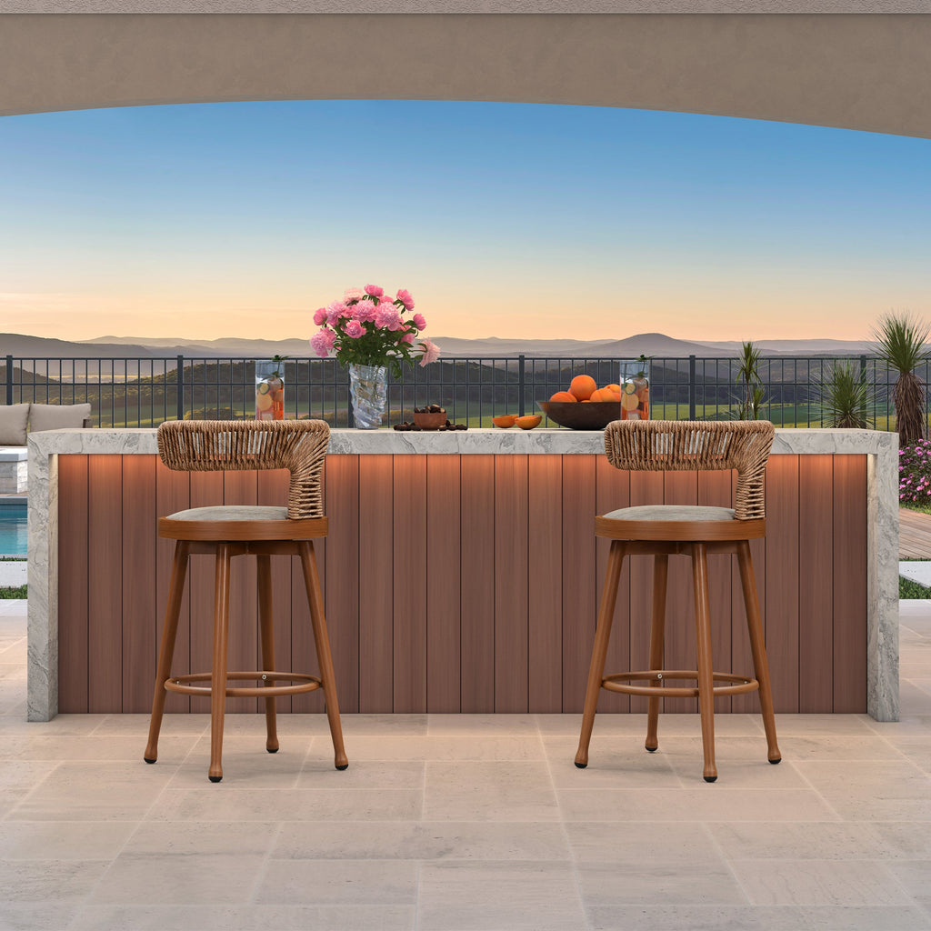PURPLE LEAF Outdoor Swivel Bar Stools Set of 2 Metal Modern Rattan Bar Chairs with Backrest Aluminum Woven Barstools with Cushions
