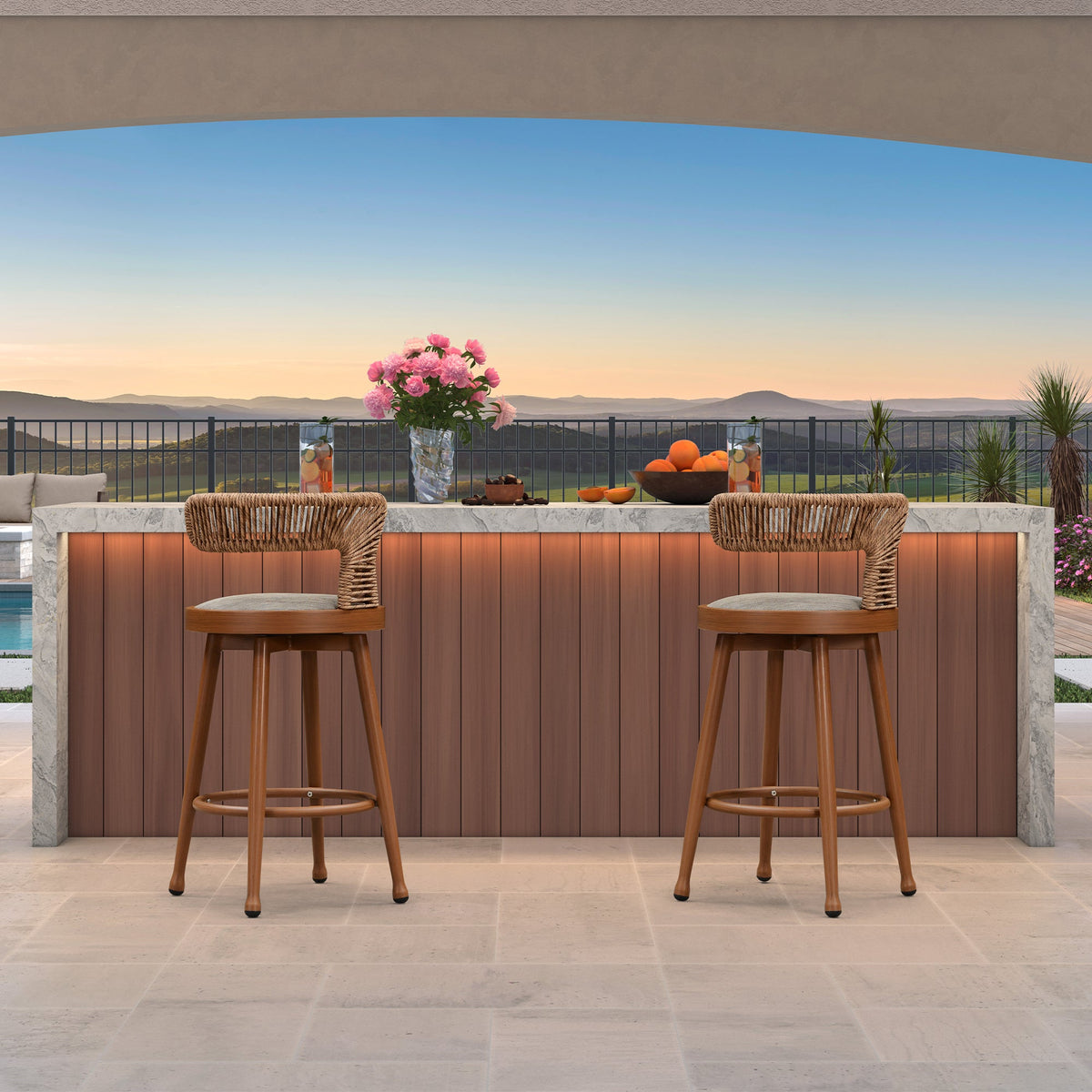 PURPLE LEAF Outdoor Swivel Bar Stools Set of 2 Metal Modern Rattan Bar Chairs with Backrest Aluminum Woven Barstools with Cushions