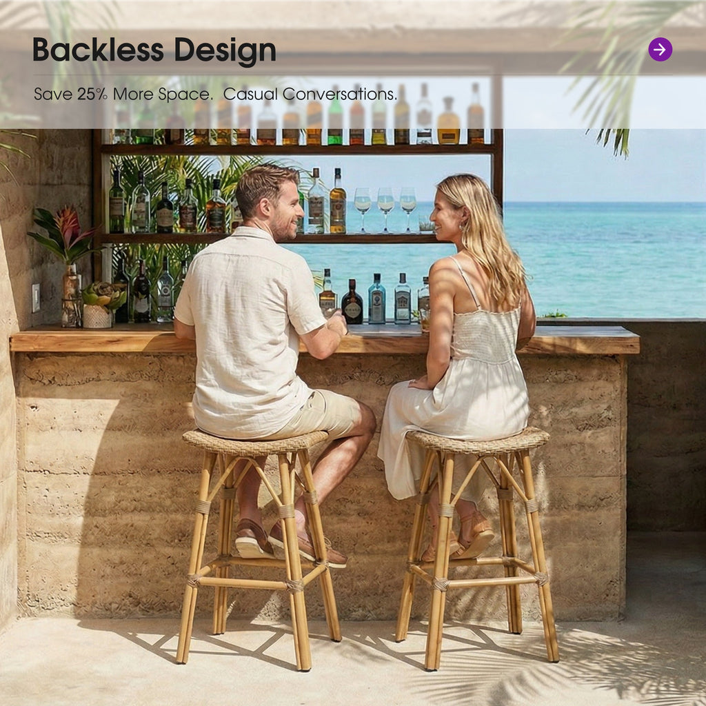 PURPLE LEAF Outdoor Bar Stools Set of 2 Backless Rattan Barstools with Saddle Seat and Footrest All Weather Aluminum Bar Chairs for Patio Kitchen Island Pool Balcony
