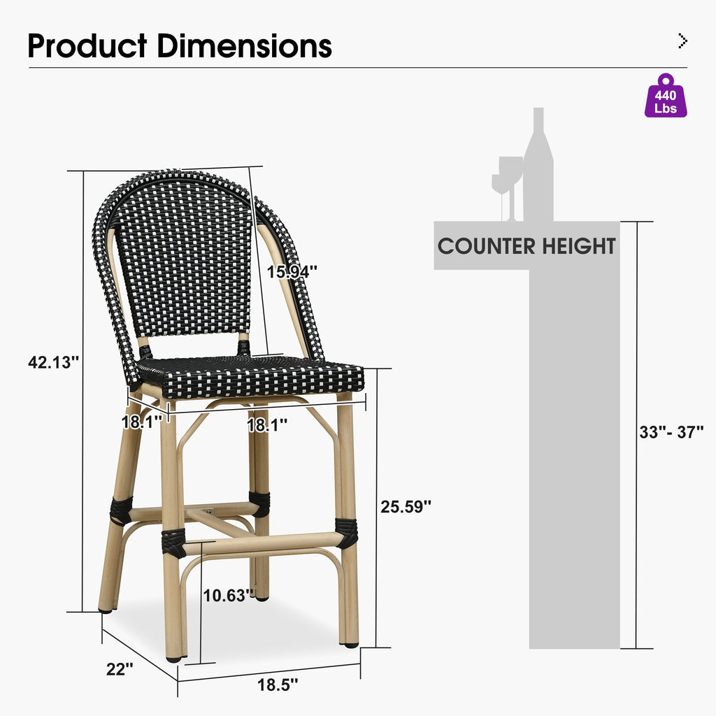 PURPLE LEAF Patio French Counter Stool Set of 2 Outdoor Backrest Barstools Aluminum Frame Woven Rattan for Indoor Kitchen Garden Balcony Restaurant