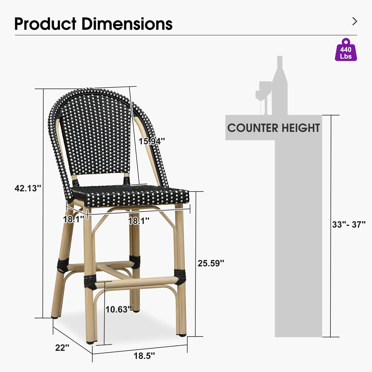 PURPLE LEAF Patio French Counter Stool Set of 2 Outdoor Backrest Barstools Aluminum Frame Woven Rattan for Indoor Kitchen Garden Balcony Restaurant